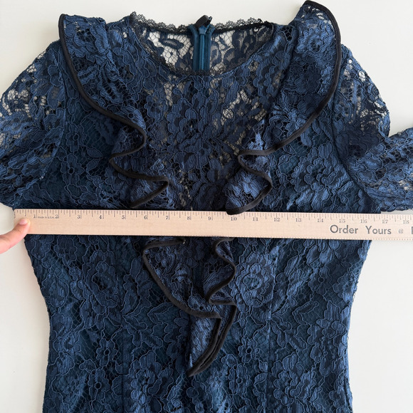 Alexis Bodysuit Womens Small Navy Lace Ruffle Pollie Illusion Long Sleeve Top - Picture 9 of 14